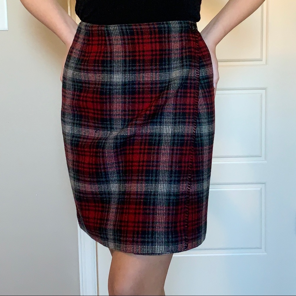 VTG Black and Red Plaid Wool Wrap Skirt